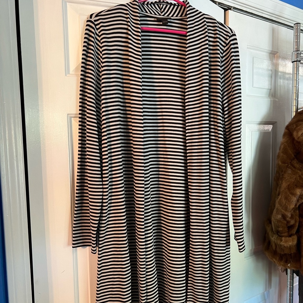 J Jill Wearever long gray black stripe jacket duster tunic sweater L